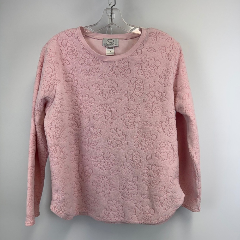 Oscar de la Renta Pink Fleece Floral Embossed Sweatshirt Crew Neck Womens Medium